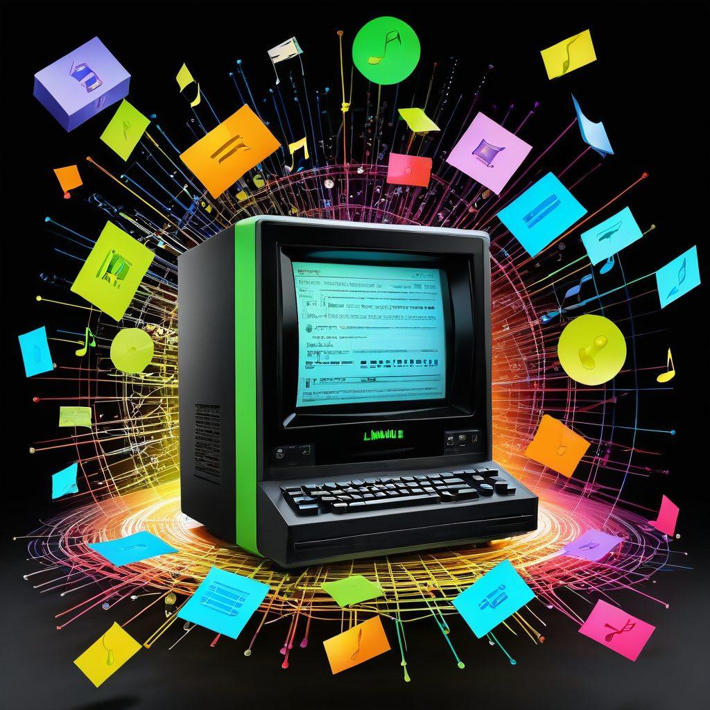 A nostalgic digital collage showcasing the evolution of LimeWire from its early interface to modern music sharing platforms. Include imagery of a vintage computer with music notes floating around, piles of CDs, and ethereal digital downloads. Integrate contrasting colors to illustrate the transition from past to present, and add a subtle hint of P2P network connections in the background. retro-futuristic. vibrant colors. mixed media.