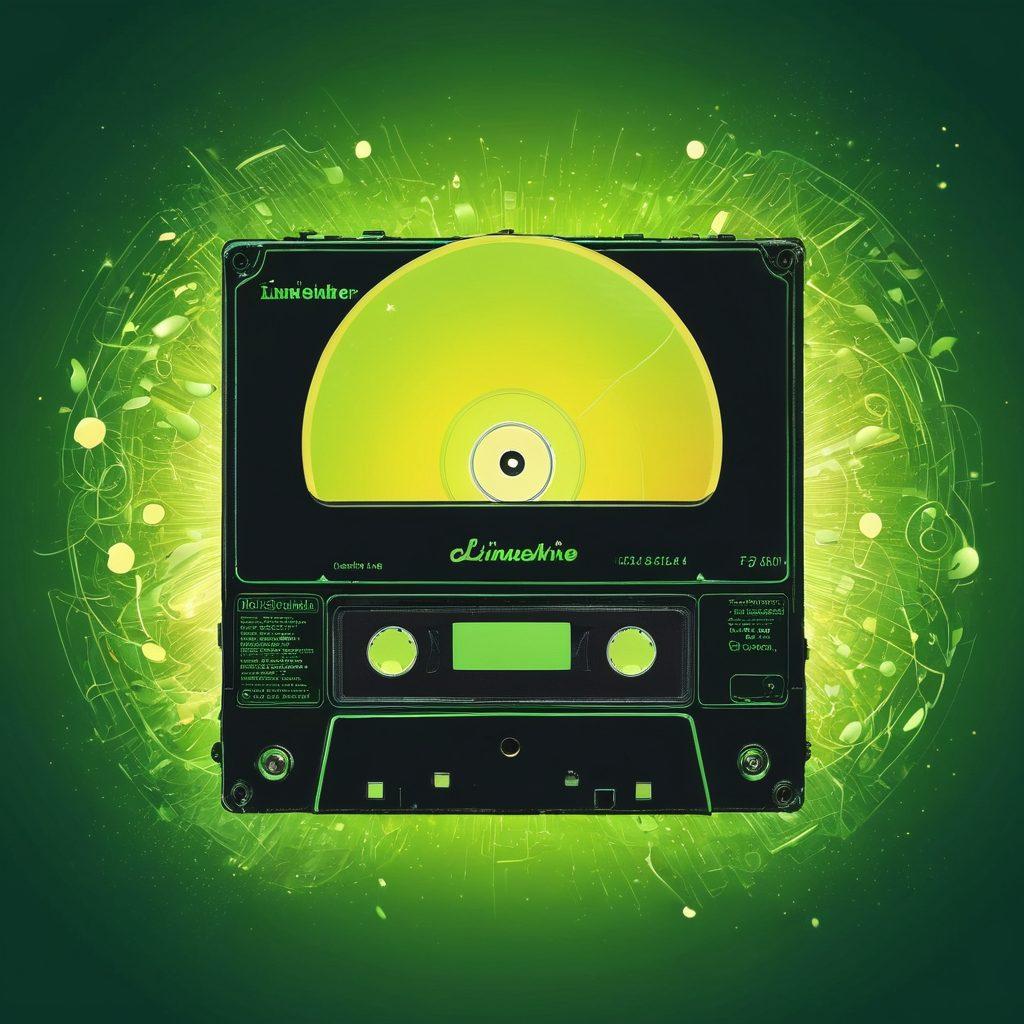 A nostalgic digital collage depicting the iconic LimeWire logo surrounded by colorful music notes and users sharing files on vintage desktop computers. Include elements like cassette tapes, CD covers, and faded chat windows to highlight user experiences. The background features a mix of vibrant greens and soft blues to reflect the rise and fall theme. Add a subtle glow effect to enhance the emotional aspect of music sharing. retro digital art. vibrant colors.