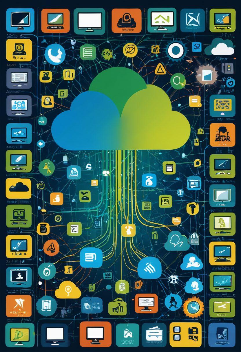 A digital collage showcasing a vintage LimeWire interface merging with various P2P networking icons. In the background, silhouettes of people sharing files across a network. Emphasize nostalgia with a retro color palette and add symbols of modern alternatives weaved in, like cloud storage and streaming. The overall theme should highlight connection and evolution in technology. vibrant colors. modern design.